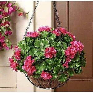 Wicker Park 17" Faux Floral Indoor/Outdoor Spring Hanging Basket Pink Geranium
